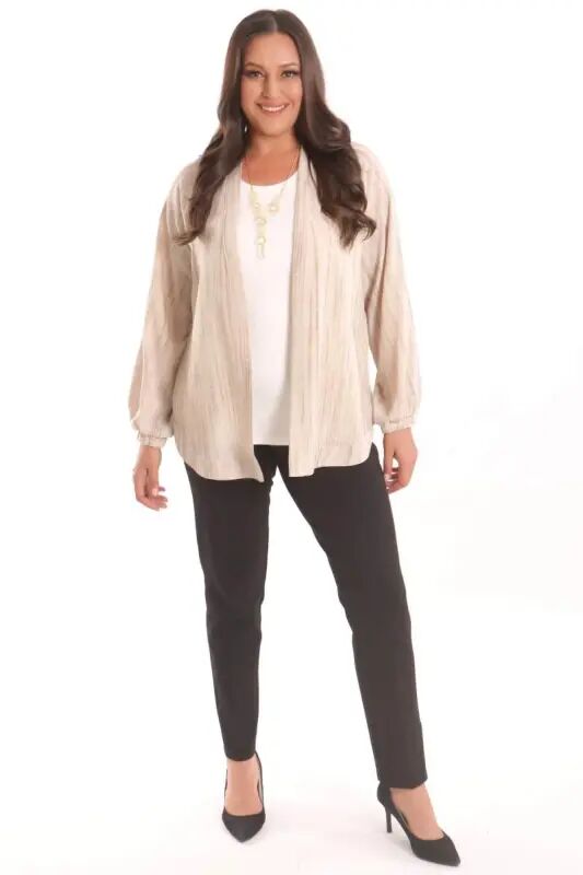 Angelino Plus Size Fabric Striped Cuffed Oversize Beige Jacket - 3
