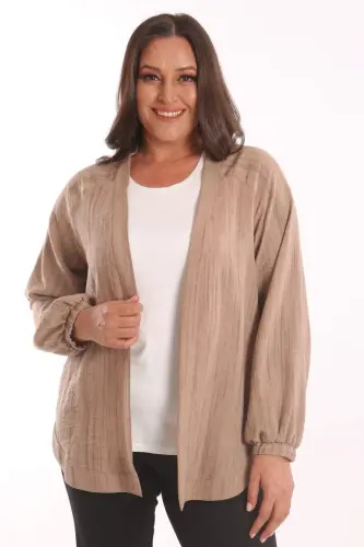 Angelino Plus Size Fabric Striped Elastic Cuffed Oversized Brown Jacket - 2