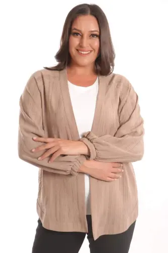 Angelino Plus Size Fabric Striped Elastic Cuffed Oversized Brown Jacket - 4