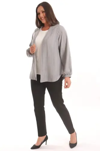 Angelino Plus Size Fabric Striped Elastic Sleeves Oversized Gray Jacket - 3