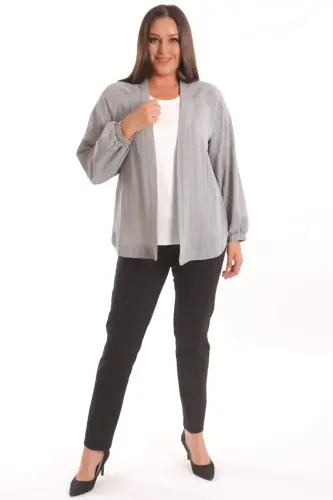Angelino Plus Size Fabric Striped Elastic Sleeves Oversized Gray Jacket - 5