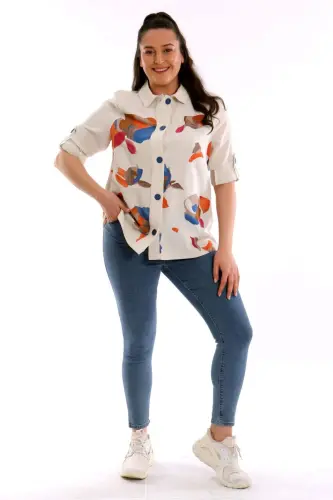 Angelino Plus Size Front Leaf Print Jacket Saxe - BÜYÜKBEDENIZ (1)