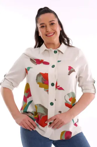 Angelino Plus Size Front Leaf Printed Jacket Green - 3