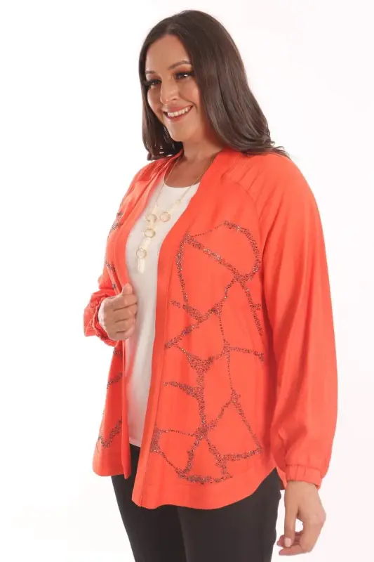 Angelino Plus Size Front Stone Embellished Orange Jacket - 1