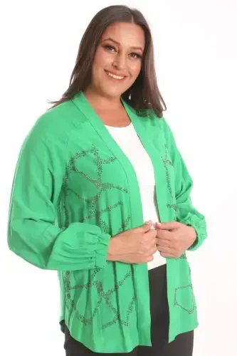 Angelino Plus Size Front Stone Printed Green Jacket - 1