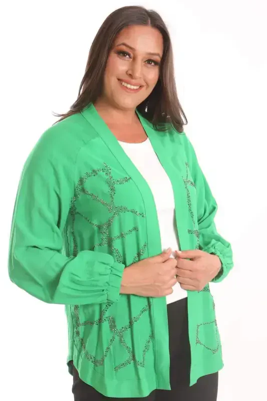 Angelino Plus Size Front Stone Printed Green Jacket - 1