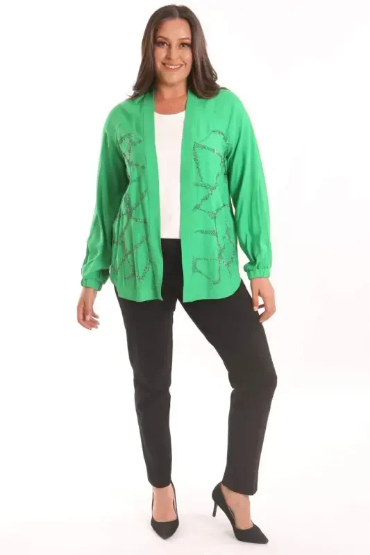 Angelino Plus Size Front Stone Printed Green Jacket - 2