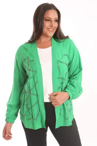 Angelino Plus Size Front Stone Printed Green Jacket - 3