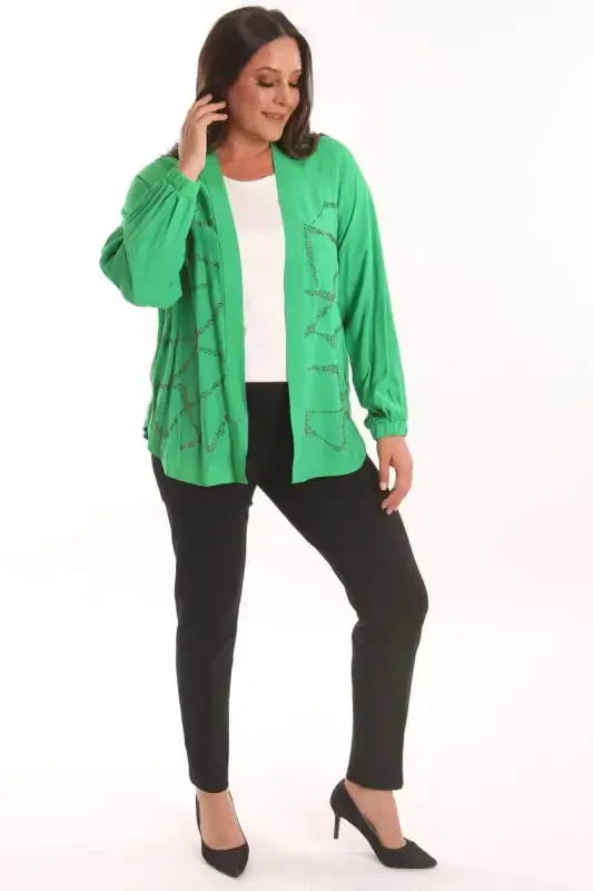 Angelino Plus Size Front Stone Printed Green Jacket - 4