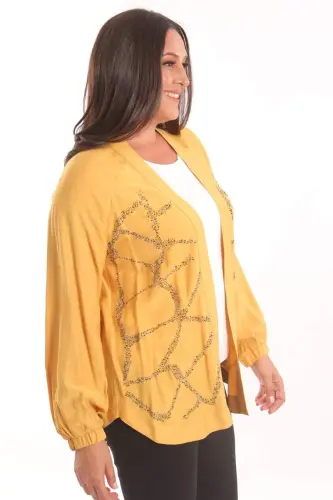 Angelino Plus Size Front Stone Printed Mustard Jacket - 1