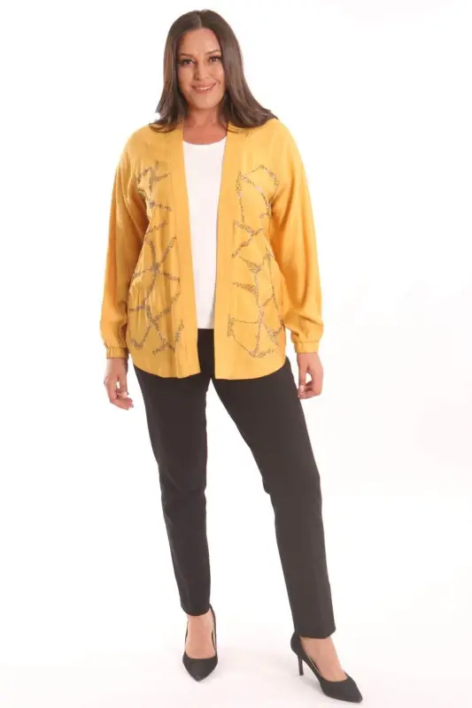 Angelino Plus Size Front Stone Printed Mustard Jacket - 2
