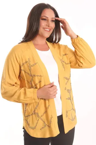 Angelino Plus Size Front Stone Printed Mustard Jacket - 3