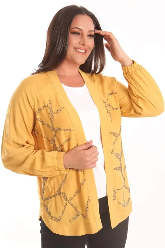 Angelino Plus Size Front Stone Printed Mustard Jacket - 3