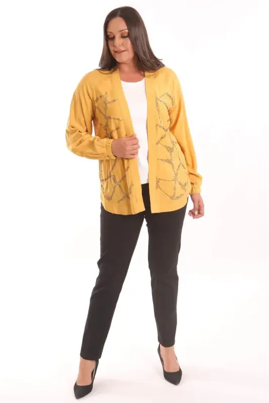 Angelino Plus Size Front Stone Printed Mustard Jacket - 4