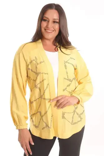 Angelino Plus Size Front Stone Printed Yellow Jacket - 1