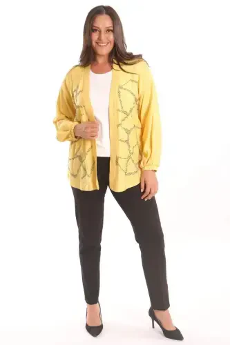 Angelino Plus Size Front Stone Printed Yellow Jacket - BÜYÜKBEDENIZ (1)