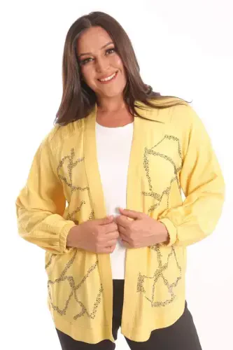Angelino Plus Size Front Stone Printed Yellow Jacket - 3