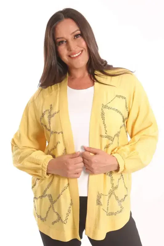 Angelino Plus Size Front Stone Printed Yellow Jacket - 3