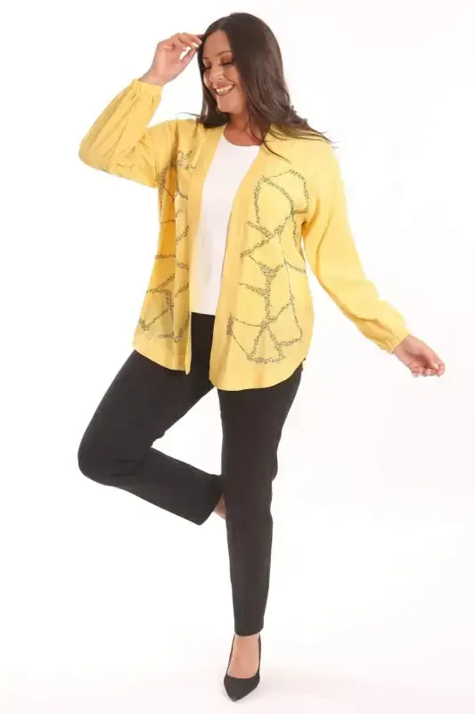 Angelino Plus Size Front Stone Printed Yellow Jacket - 4
