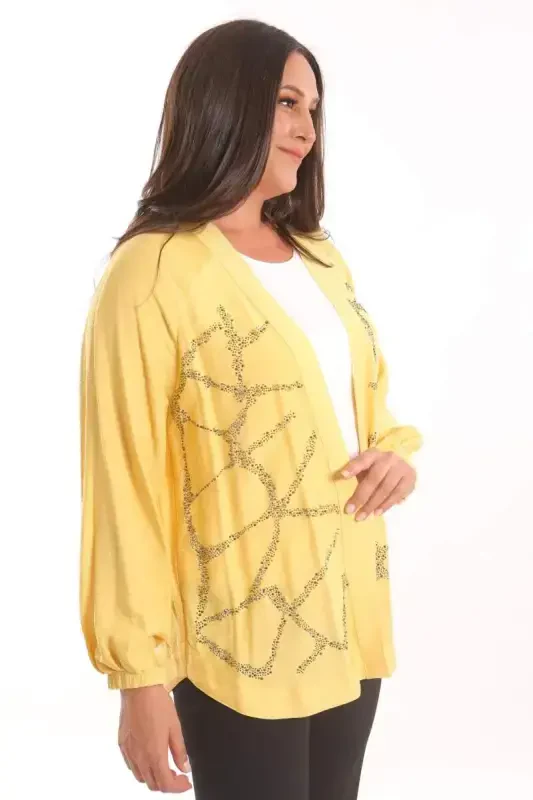 Angelino Plus Size Front Stone Printed Yellow Jacket - 5