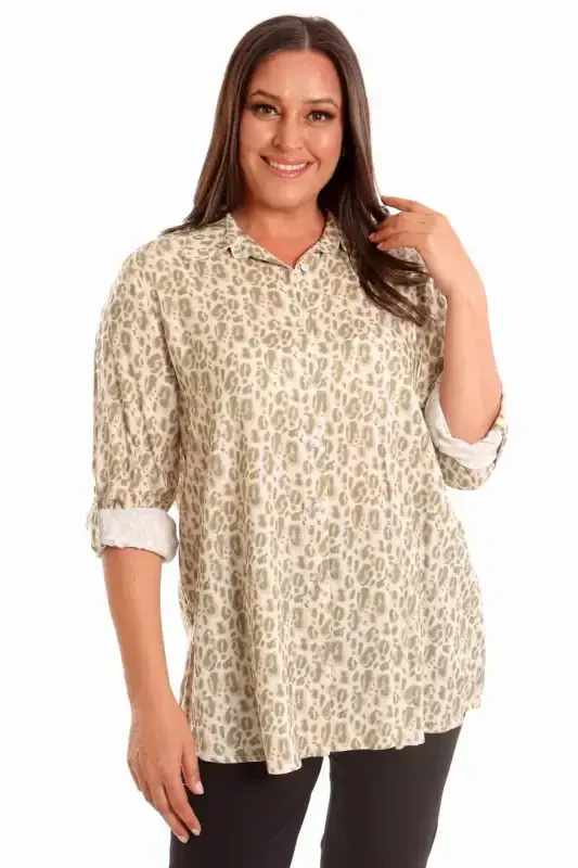 Angelino Plus Size Green Leopard Pattern Digital Printed Shirt - 1
