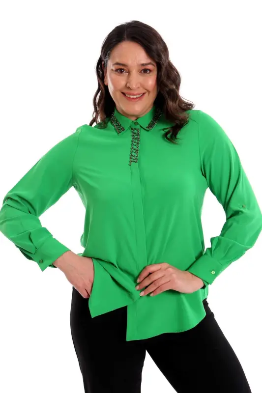 Angelino Plus Size Green Shirt with Embellished Collar Detail - 1