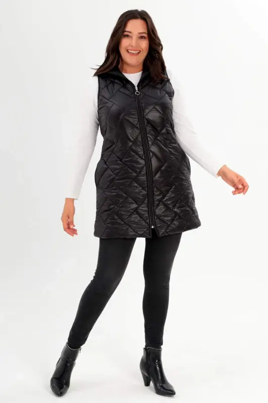 Angelino Plus Size Hooded and Pocket Detailed Long Plus Size Black Puffer Vest - 1