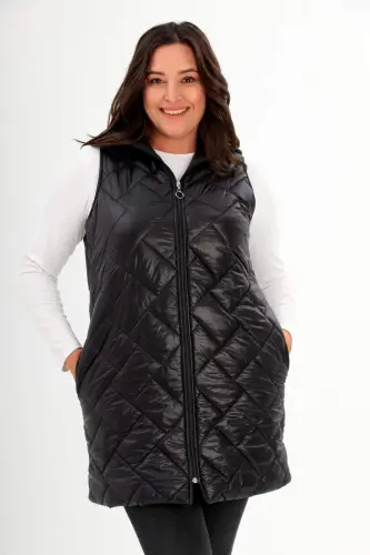 Angelino Plus Size Hooded and Pocket Detailed Long Plus Size Black Puffer Vest - BÜYÜKBEDENIZ (1)