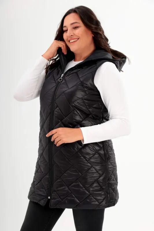Angelino Plus Size Hooded and Pocket Detailed Long Plus Size Black Puffer Vest - 3