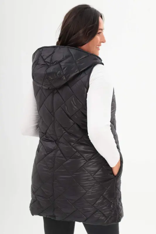 Angelino Plus Size Hooded and Pocket Detailed Long Plus Size Black Puffer Vest - 5