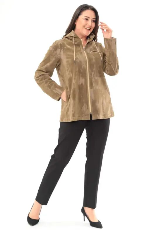 Angelino Plus Size Hooded Tie-Dye Khaki Trench Coat - Büyükbedeniz