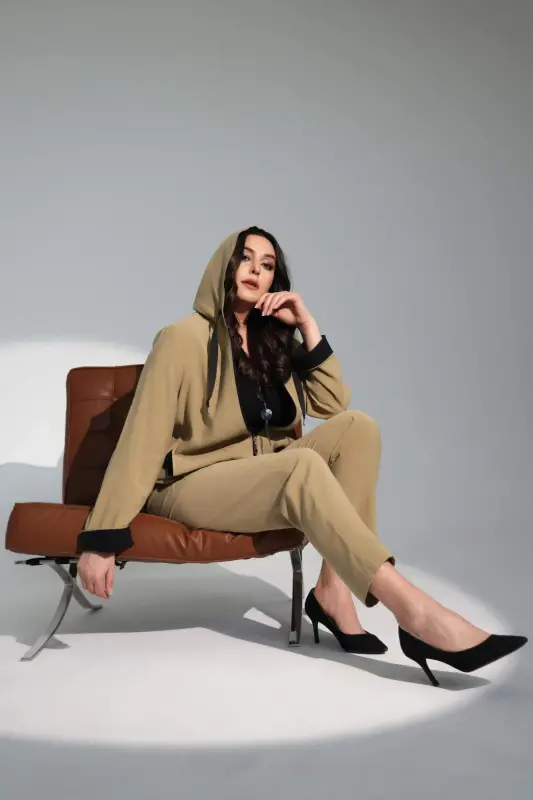Angelino Plus Size Hooded Zipper Beige Trench Coat - 4