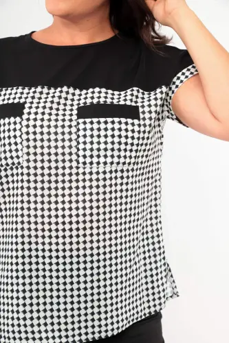 Angelino Plus Size Houndstooth Patterned Pocket Detailed Black Blouse - 4