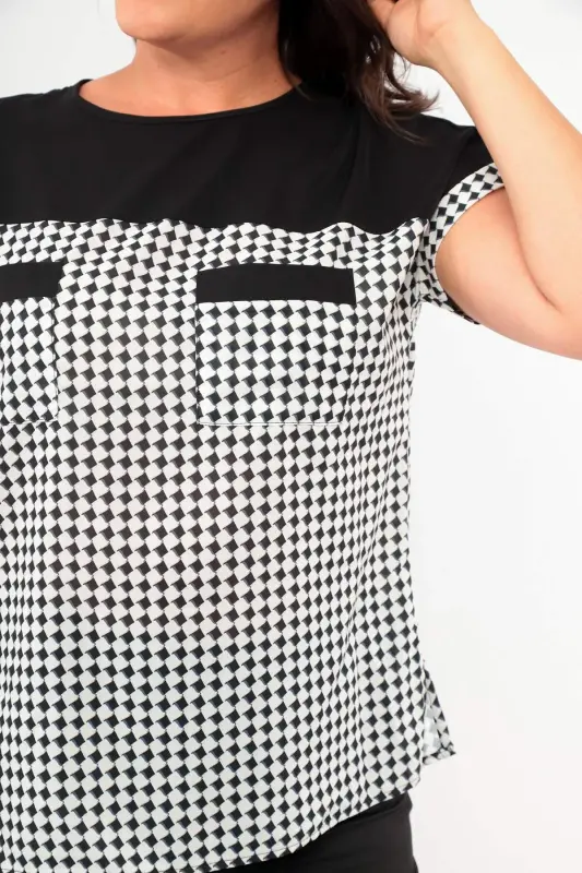 Angelino Plus Size Houndstooth Patterned Pocket Detailed Black Blouse - 4