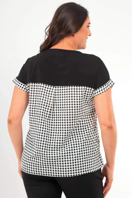 Angelino Plus Size Houndstooth Patterned Pocket Detailed Black Blouse - 5