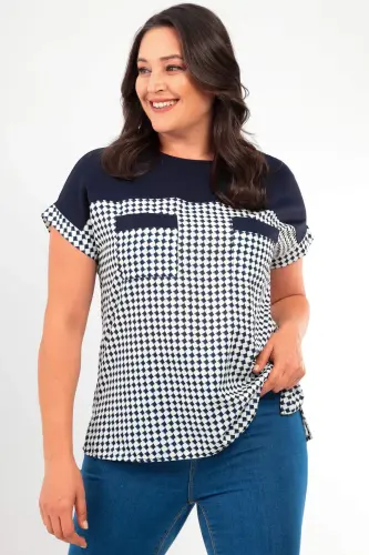 Angelino Plus Size Houndstooth Patterned Pocket Detailed Navy Blue Blouse - 1