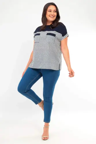 Angelino Plus Size Houndstooth Patterned Pocket Detailed Navy Blue Blouse - BÜYÜKBEDENIZ (1)