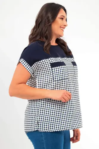 Angelino Plus Size Houndstooth Patterned Pocket Detailed Navy Blue Blouse - 3