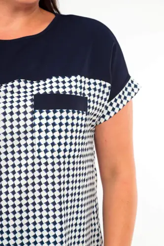 Angelino Plus Size Houndstooth Patterned Pocket Detailed Navy Blue Blouse - 4