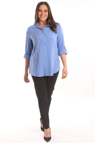 Angelino Plus Size Indigo Block Print Woven Shirt - BÜYÜKBEDENIZ (1)
