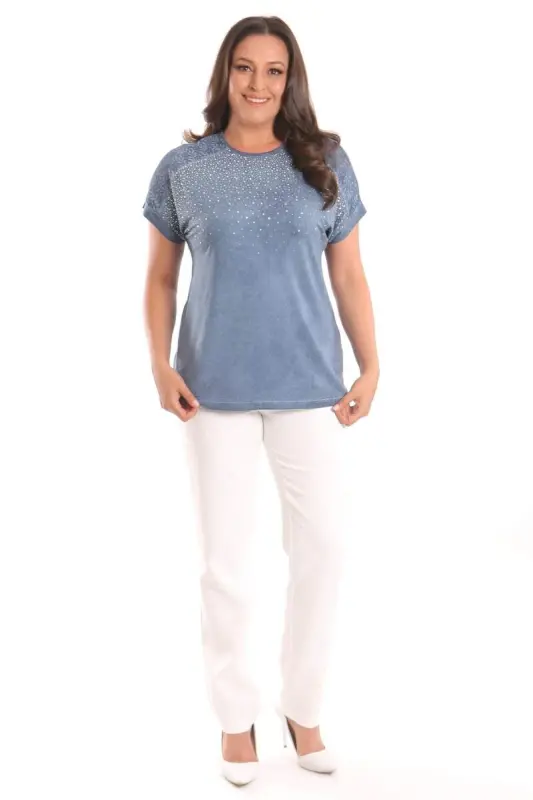 Angelino Plus Size Indigo Stone Printed Shoulder Lace Detailed Batik Washed Blouse - 2