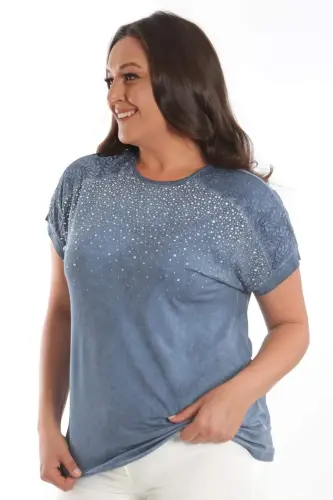 Angelino Plus Size Indigo Stone Printed Shoulder Lace Detailed Batik Washed Blouse - 3