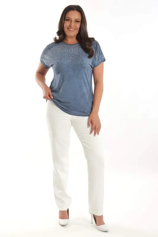 Angelino Plus Size Indigo Stone Printed Shoulder Lace Detailed Batik Washed Blouse - 4