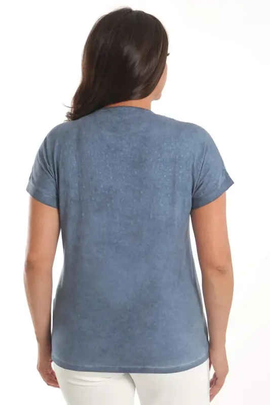 Angelino Plus Size Indigo Stone Printed Shoulder Lace Detailed Batik Washed Blouse - 6