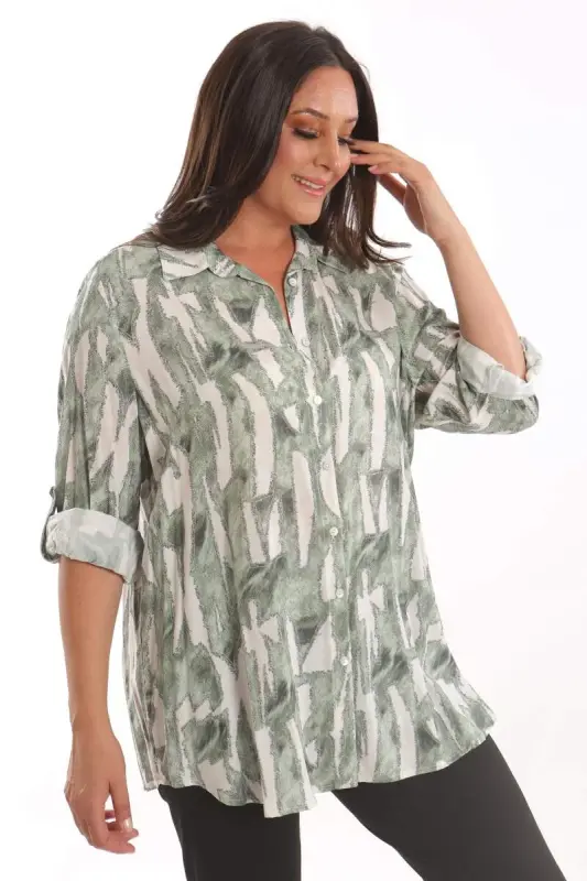 Angelino Plus Size Khaki Digital Printed Patterned Shirt - 3
