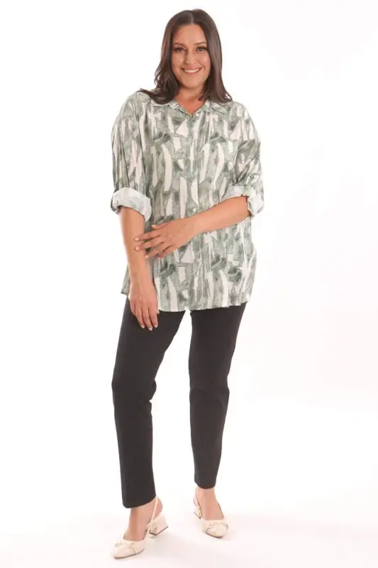 Angelino Plus Size Khaki Digital Printed Patterned Shirt - 4