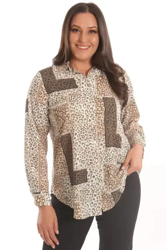 Angelino Plus Size Khaki Leopard Print Digital Printed Shirt - 1
