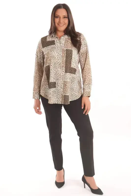 Angelino Plus Size Khaki Leopard Print Digital Printed Shirt - 2