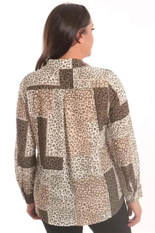 Angelino Plus Size Khaki Leopard Print Digital Printed Shirt - 5