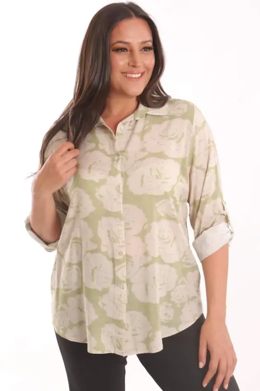 Angelino Plus Size Khaki Rose Patterned Viscose Shirt - 3